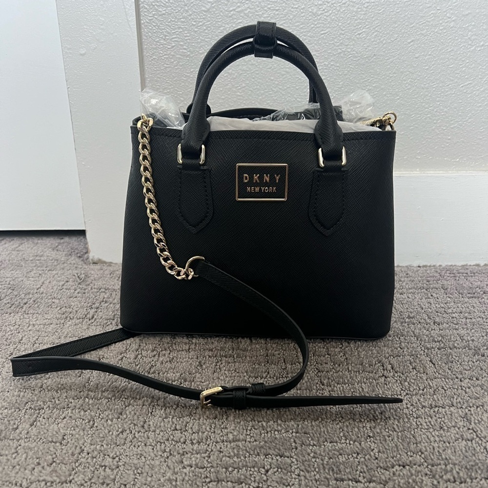 DKNY Black Coated Leather Bianca Medium Satchel